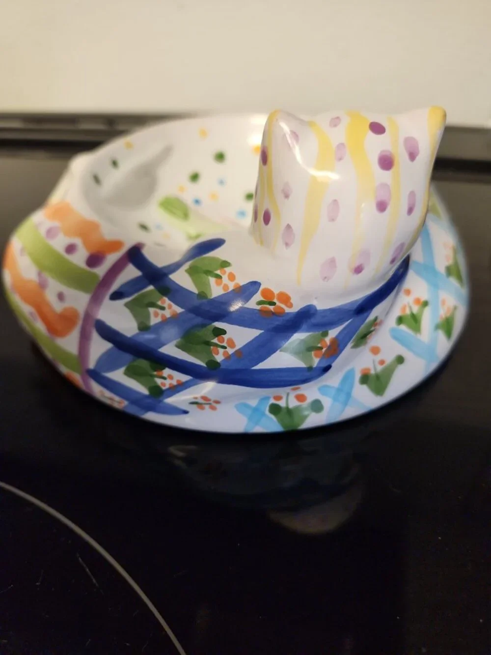 Vintage Hand Painted Cat Clay Pottery Cat Food Bowl 7